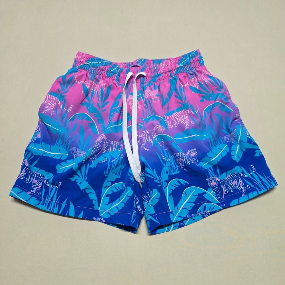 Chubbies Men The Tiger Graphics Small Swim Trunks PinkBlue Mesh Lined Above Knee